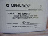 Mennekes ME 32MS1A Disconnect Switch 30Amp 3ph 600Vac 10HP Max NIB