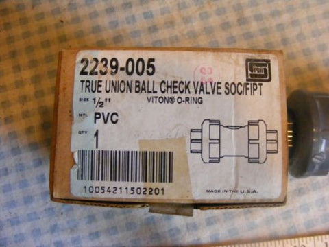 True Union Ball Check Valve SOC/FIPT 2239-005 Viton O-Ring 1/2" PVC